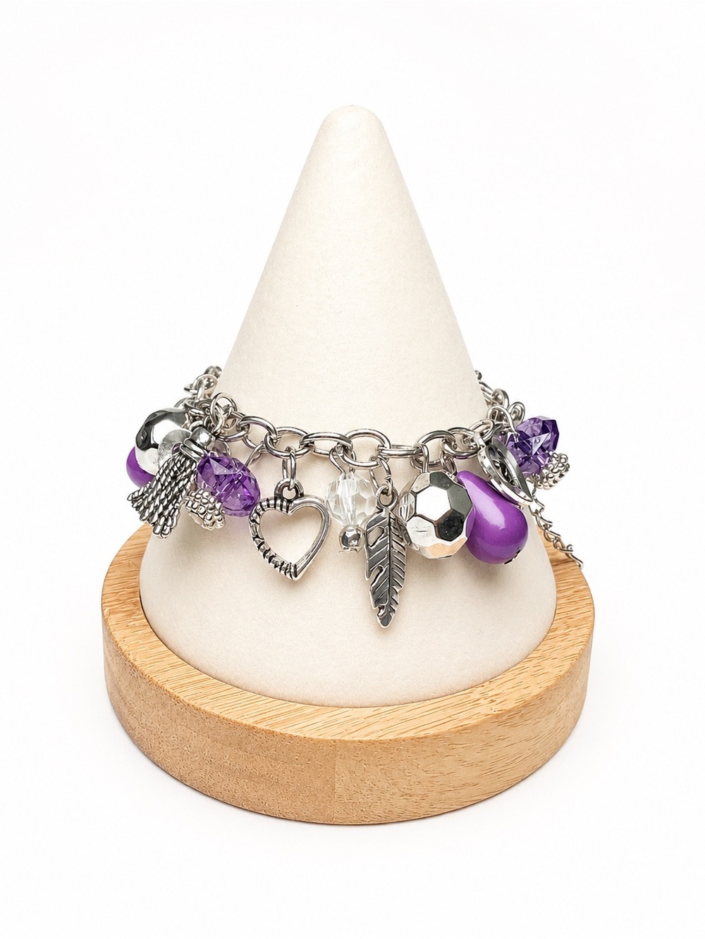 Silver Charm Bracelet Hearts, Feathers with Purple Accents